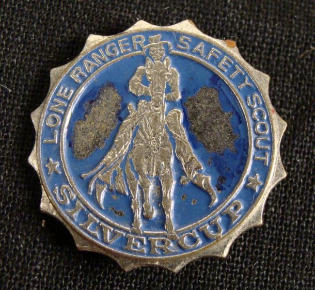 Lone Ranger Vintage Silvercup Premium Safety Scout Pin: This is an old premium from the classic Lone Ranger program. It is a silver tone metal blue enameled "Safety Scout" badge, with pinback, 1" in diameter. It is from Silvercup Bread. It is in very good 