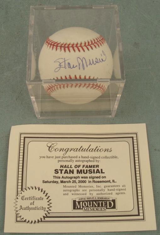 Stan Musial Signed Coleman Baseball w/ Cube, HOF COA: Hall of Famer Stan Musial signed this Leonard S. Coleman, Jr.Baseball in blue ballpoint. The ball is in excellent condition. It comes in an acrylic ball cube. Included is a Certificate of Authenticity