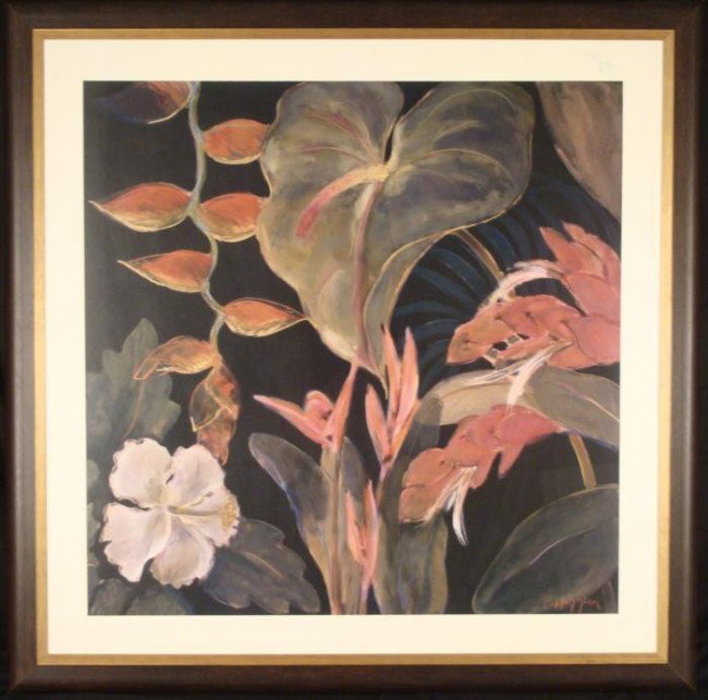 Large Framed Flower Art Print Framed P Hopper: This large art print is an impressive close-up of flowers on a dark background. Medium: Print on paper Artist: P. Hopper Image size: 34 1/2 inches square Framing: In off-white matting, in dark wood ro