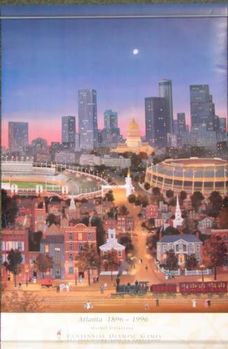 Charming Michel Delacroix 1896 - 1996 Olympic Poster: This very appealing poster by famous artist Michel Delacroix was produced for the 1996 Olympics in Atlanta: Title: "1896 - 1996" Poster on glossy paper 22 × 34 Light crease at bottom edge; has be