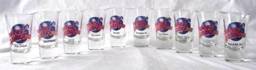 10 Diff Planet Hollywood Original Shot Glass Tel Aviv: This is a lot of 10 RARE shot glasses from Planet Hollywood. All but one are from closed locations! They are in mint, never used condition. Each 3 1/2" tall flared glass features the blue globe and re
