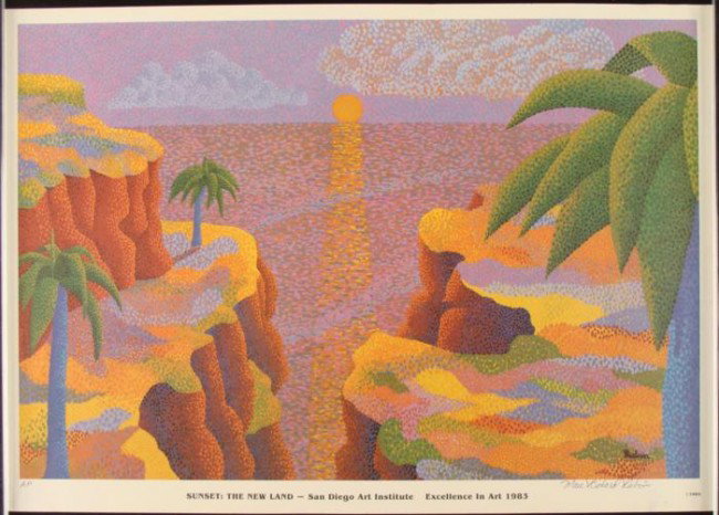 Marc Richard Rubin Signed Art Print Sunset The New Land: This print by Marc Richard Rubin portrays an inviting tropical sunset, in the artist's in own unique Pop pointilism style. This print was made to commemorate the original's 1983 award in the San Diego