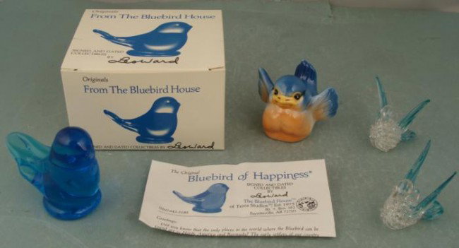 3 Bird Figurines Bluebird House Signed, Glass Porcelain: These three bird figurines are ALL quite cute, and all are in excellent condition. Original Bluebird of Happiness by Leo Ward, produced in 1992 for the Bluebird House of Terra Studios. 3 1/2" long and