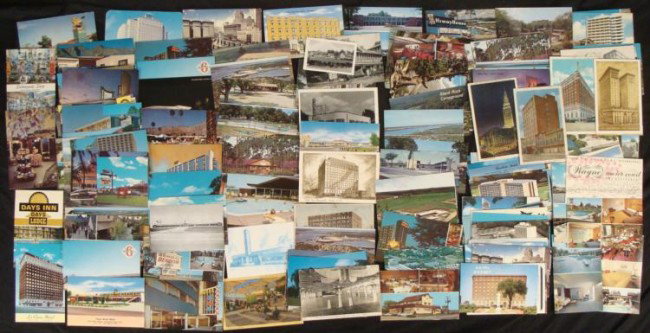 160 Vintage U.S. Hotel & Motel Postcards 1960s-70s: This big collection of 160 postcards is of hotels from various cities across the U.S., dating mostly from the 1960's and 70's, and a few older. Most are photo cards, and some are illustrated, with eve