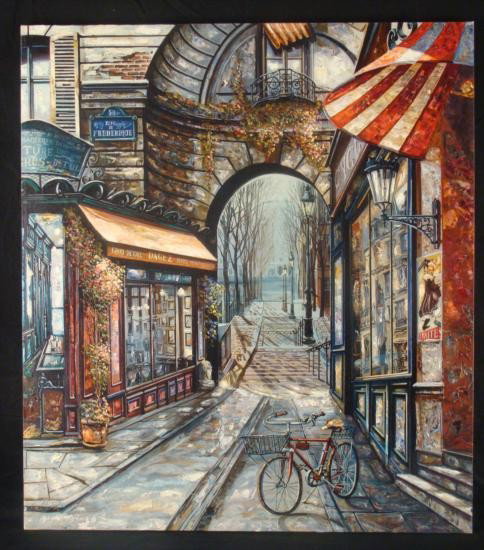Vadik Suljakov Signed Print Rue de Frederique France: This is a limited edition serigraph on canvas by Vadik Suljakov. An old bicycle is at the forefront of this city scene, and it has an inviting appeal. The rich brushstrokes of the artist convey both I