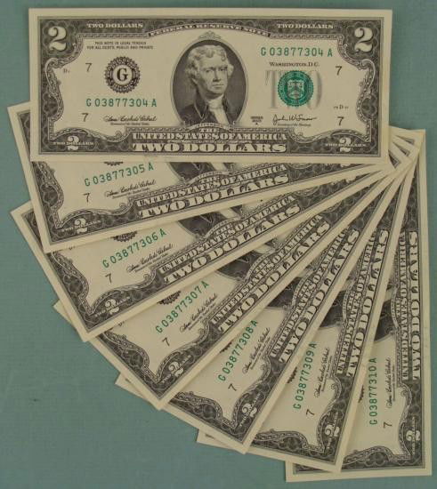 7) 2003 A Consecutive $2 Bills G Mint Notes Chicago CU: 7) 2003-A $2 Notes with consecutive serial numbers Mint mark: G (Chicago)Grade: Crisp UncirculatedNote: Bills shown may look different from those you receive