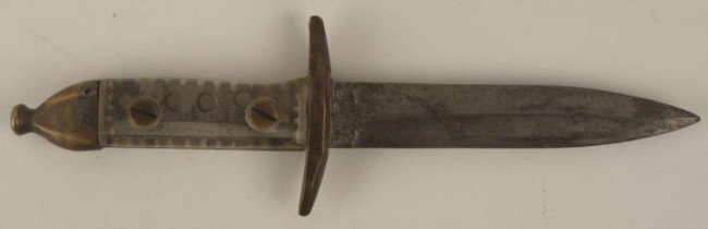 WWII ETO FIGHTING KNIFE -1944 & MADE from NAZI BAYONET: WWII ETO FIGHTING KNIFE -DATED 1944 & ID'D-MADE FROM NAZI BAYONET & NAZI FIGHTER PLANE WINDSHIELD SUPER WWII PIECE--MADE BY A U.S. GI AND DATED JULY 17. 1944 AND NAMED CARL HOLECEK--BLADE IS A