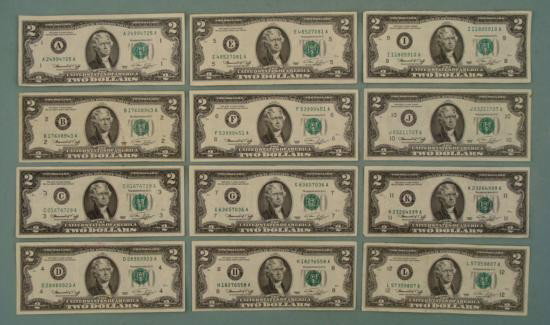12 Diff Mint Marks A-L 1976 Circulated $2 Bills Notes: Run of (12) 1976 $2 Bills, all from different banks Mint Marks: A, B, C, D, E, F, G, H, I, J, K, L Note: the bills you receive may be different from the ones shown