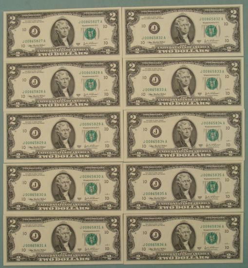 10 Consecutive # 2003-A $2 Bills J Mint Kansas City CU: (10) 2003-A $2 bills, with consecutive serial numbersMint mark: J (Kansas City) Grade: Crisp Uncirculated*Bills will be different from those shown