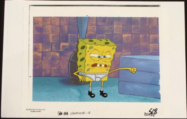 Spongebob Cel Original Very Angry Background Production: This animation cel and reproduction background are from the Nickelodeon TV show SpongeBob Squarepants. The story takes place under the deep blue sea in Bikini Bottom, where Sponge