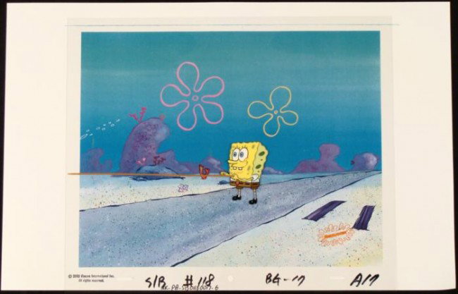 Animation Art Cel Original SpongeBob Holding Background: This animation cel and reproduction background are from the Nickelodeon TV show SpongeBob Squarepants. The story takes place under the deep blue sea in Bikini Bottom, where Sponge