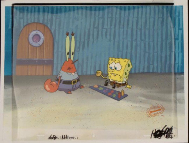 Original Cel Bummer Production Background Spongebob: This animation cel and reproduction background are from the Nickelodeon TV show SpongeBob Squarepants. The story takes place under the deep blue sea in Bikini Bottom, where Sponge