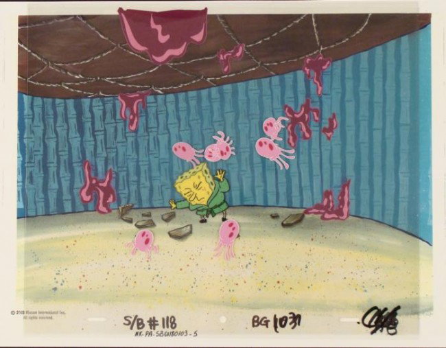 Cel Original SpongeBob Production Background Fish House: This animation cel and reproduction background are from the Nickelodeon TV show SpongeBob Squarepants. The story takes place under the deep blue sea in Bikini Bottom, where Sponge
