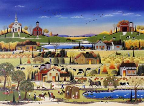 Nicky Watanabe HAY RIDE Primitive Style Folk Art Print: This delightful print — so charmingly detailed — is by the very popular contemporary artist Nobou "Nicky" Watanabe: Title: "Hay Ride" Serigraph on paper Signed and numbered from a limited 