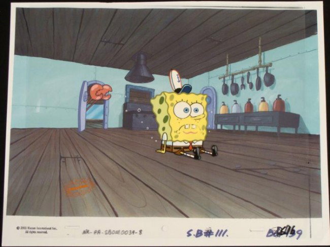Production Spongebob Cel Background HUH Original Art: This animation cel and reproduction background are from the Nickelodeon TV show SpongeBob Squarepants. The story takes place under the deep blue sea in Bikini Bottom, where Sponge
