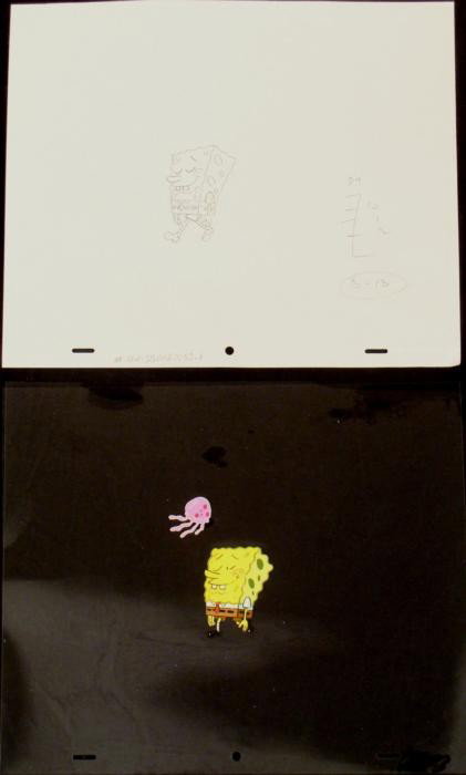 Cel Spongebob Original What Jellyfish Drawing Animation: This original animation cel and drawing are from the Nickelodeon TV show SpongeBob Squarepants. The story takes place under the deep blue sea in Bikini Bottom, where Spo