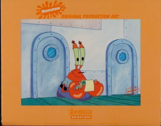 SPONGEBOB Krusty Krab Mr. Krabs Original Production Cel: This original production art cel is from the SpongeBob SquarePants episode entitled The Squeaky Boots. This scene shows Mr. Krabs in the Krusty Krab writing in a notepad.Original Production Cel Art Ov