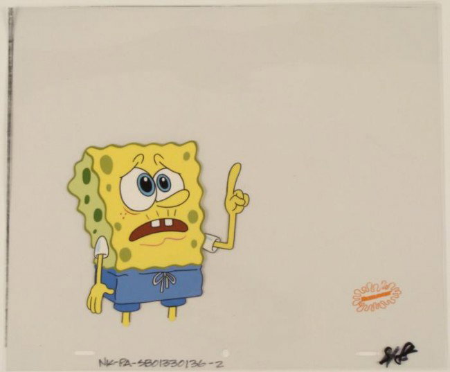 SpongeBob Wait One Second Original Animation Cel Art: This original animation cel is from the Nickelodeon TV show SpongeBob Squarepants. The story takes place under the deep blue sea in Bikini Bottom, where SpongeBob resides. Sp