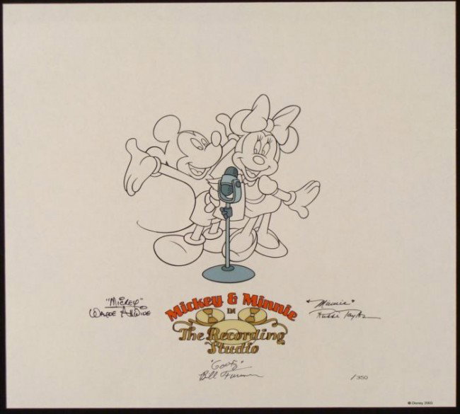 Disney Mickey Minnie Voice Signed Sericel Animation Art: This is a terrific Disney Sericel has a drawing of Mickey & Minnie in the studio ready to record a radio play. What makes this extra special is that it was signed by the voice actors! Title: Micke