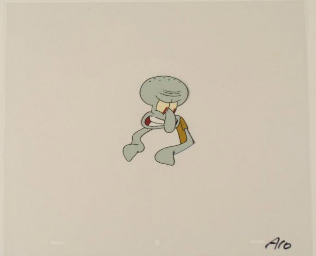 Grinning Squidward Original Cel SpongeBob Animation Art: This original animation cel is from the Nickelodeon TV show SpongeBob Squarepants. The story takes place under the deep blue sea in Bikini Bottom, where SpongeBob resides. Sp