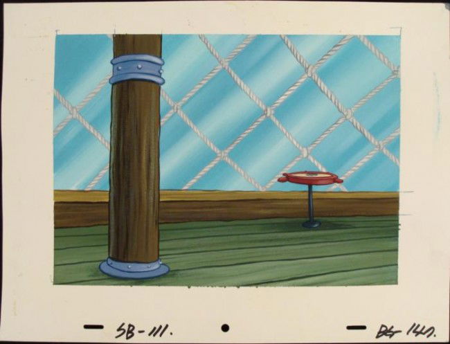 Table Floor Original Background Animation Art SpongeBob: This original hand-painted background from the Nickelodeon TV show SpongeBob Squarepants. The story takes place under the deep blue sea in Bikini Bottom, where SpongeBob resi