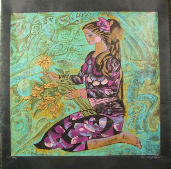 Zhou Ling A GIRL IN VIOLET Yunnan School Print Rice Pap: This colorful and interesting print by well-known Yunnan School artist Zhou Ling is entitled "A Girl in Violet" - Limited edition serigraph on rice paperSigned and numbered from an edition of 300Image