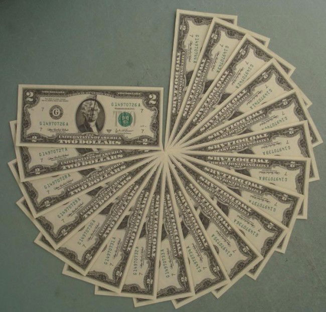 19 Consec # CU 2003 A $2 Bills Notes G Mint Chicago: (19) Consecutive numbered 2003-A $2 bills Mint mark: G (Chicago) Grade: Crisp Uncirculated