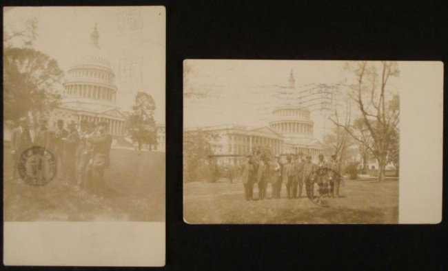 2 RPPC Photo Postcards-Crew of the Titanic 1912: These two real photo postcards portray six of the surviving crew members of the RMS Titanic. Each card is postmarked May 15th, 1912, just one month after the ill-fated vessel's horrific tragedy. The p