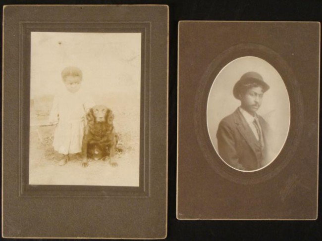 2 Orig Antique Photos Black African American Man, Girl: These two original antique photos are both cabinet card style, affixed to cardboard backings. One shows an African American girl and a dog standing outside. The image size is 4 x 5 1/2 inches. The oth