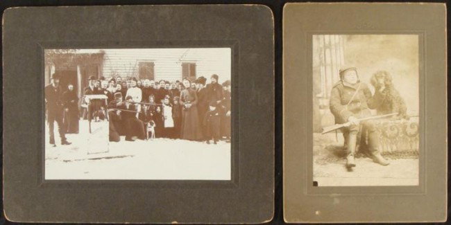 2 Antique Photos Marksman Shooting Rifles Cabinet Card: These two original antique photos portrays men and their rifles. One is a large 5 x 7 inch image on cardboard backing showing three men shooting rifles, while a crowd of onlookers stands behind them. 