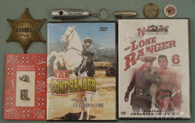 8 Lone Ranger Items Badge Bullet Lucky Piece DVD Pin: Here are 8 nice Lone Ranger and related collectible items, including some vintage. Their conditions range from good to mint. Lone Ranger Lucky Piece 17th anniversary, 1950 Brace Beemer Mt. Carmel souv