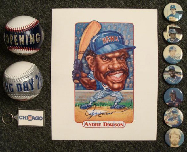 Chicago Cubs Lot Baseballs Signed Dawson Photo Pins: Attention all Cubs fans, here is a lot you should definitely check out. Offered here are two baseballs, a signed Caricature of Andre Dawson, a key chain, and seven pins. The baseballs are 