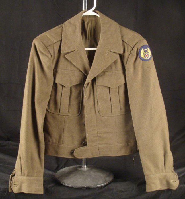 WWII 34 R Ike Jacket 8th Air Force Wool Coat: This is a nice WWII era Ike Jacket. Size: 34 R Spec tag: Field Wool, 1944, P.Q.D No. 43 Patch: 8th Air Force, left shoulder Condition: very good; clean inside and out; some mothing on the left arm, an