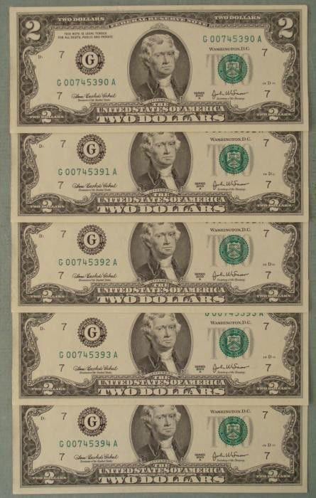 5 Consec # 2003A $2 G Notes Two Dollar Bills Chicago CU: (5) 2003-A $2 Notes, all with consecutive serial numbersMint mark: G (Chicago) Grade: Crisp Uncirculated* Bills you receive may be different from those shown