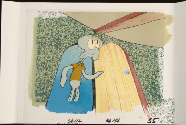 Squidward Animation Original SpongeBob Cel Background: This animation cel and reproduction background are from the Nickelodeon TV show SpongeBob Squarepants. The story takes place under the deep blue sea in Bikini Bottom, where Sponge