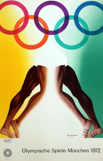 1972 Jones Munich Olympics Lithograph: Reference #: ULYY9105 Artist Name: Jones, Allen Title: Munich Olympics Medium: Lithograph Edition Size: Unknown Year: 1972 Paper Size: 40.25 x 25.25 inches Image Size: 34.5 x 25.25 inches Condition: A