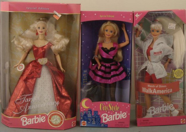 3 Barbies: Walk America, City Style, Target MIB: Here are 3 special edition Barbie dolls, featuring two store exclusives from 1997. One is the March of Dimes Walk America Barbie, sponsored by Kmart, all ready with walking outfit. The other store dol