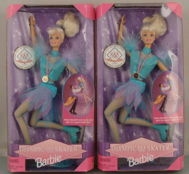 2 Olympic Skater Barbies Collector/Dealer Lot MIB: Here are 2 Barbie Olympic Skater dolls from 1997. They have ice skates, and sparkling skating outfits. The backs of the boxes feature the young World Champion figure skater Tara Lipinski. Both dolls a