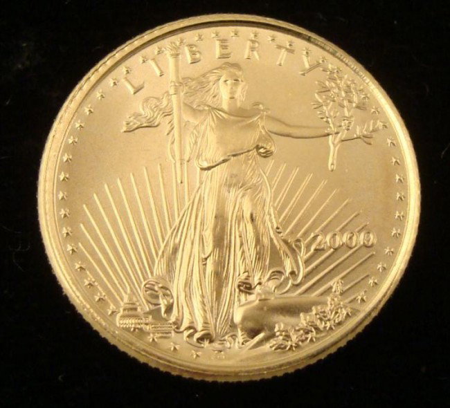 Gem UNC 2000 American Eagle $5 Gold Coin 1/10 Oz: 2000 Five Dollar US Gold Eagle Coin Weight: 1/10 ounce Content: .999 Fine Gold Size: 16.5mm in diameter Grade: Gem Uncirculated