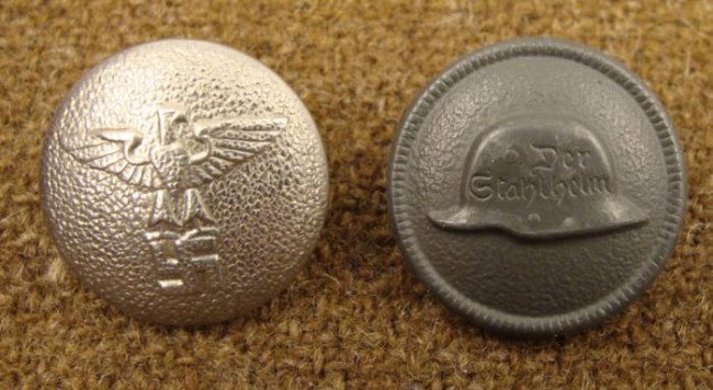 2 WWII Vintage German Nazi Buttons Coat Back, Stahlhelm: Here are 2 WWII era Nazi buttons. Included is one coat back button, and one with a Der Stahlhelm helmet. They are in very good condition. These buttons are from a comprehensive military button collect