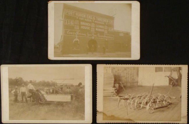 3 Antique Photos Hench & Dromgold Plow, Thresher Co.: These 3 original antique farm equipment cabinet cards. One photograph is actually a rare shot of a thresher manufacturing company building. It is the Branch House of the well known Port Huron Eng. &am