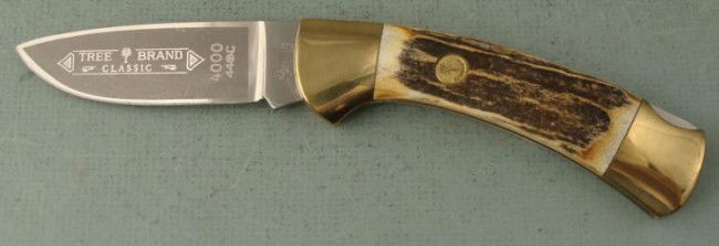 SOLINGEN GERMANY STAG GRIP LARGE FOLDING KNIFE-TREE BRA: SOLINGEN GERMANY STAG GRIP LARGE FOLDING KNIFE-TREE BRAND CLASSIX 4000 GREAT KNIFE-STAG GRIP-GRIP INSET READS "SOLINGEN"-RICASSO READS "BOKER" (NAZI DAGGER MAKER) WITH TREE LOGO- & SOLINGEN GERMAN