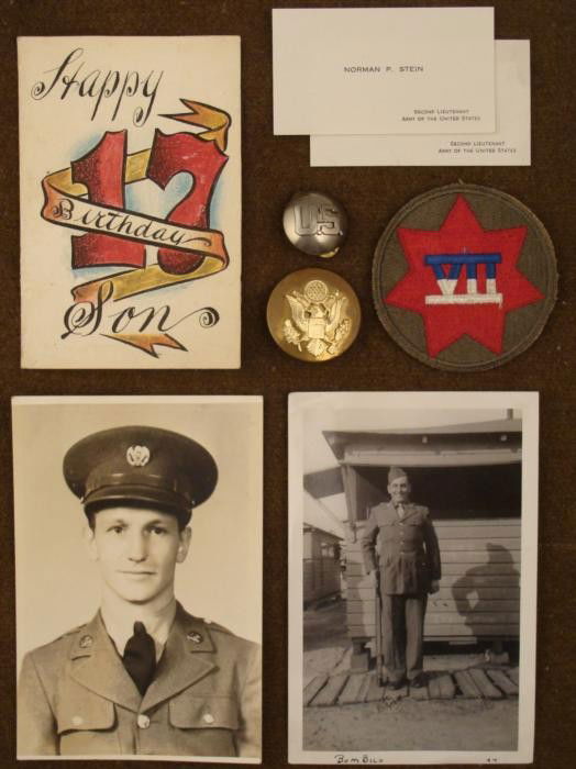 8 WWII US ITEMS, 8TH CORPS PATCH 2ND LIEUT CARD, PHOTOS: COLLECTION OF 8 WWII US ITEMS INCL:8TH CORPS PATCH, 2 SECOND LIEUT CALLING CARDS, NAVY SONS BD CARD, & 2 PHOTOSARMY INSIGNIA (SCREW BACK) AND US INSIGNIA (CRIMP BACK)