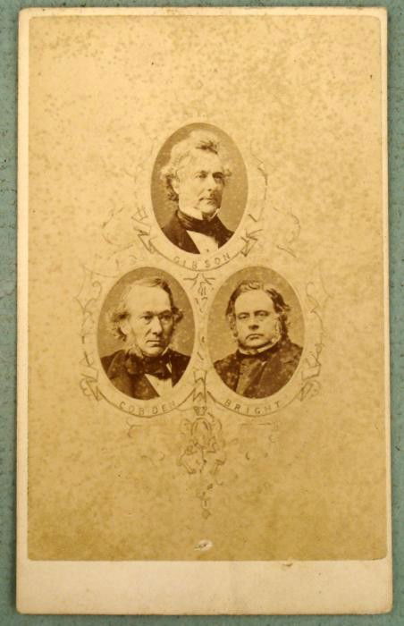 Antique British Parliament Photo Gibson, Cobden, Bright: This souvenir type carte de visite photograph shows three prominent British figures. They are: Thomas Milner Gibson, John Bright (both of Manchester, and the Houses of Parliament) and Richard Cobden.