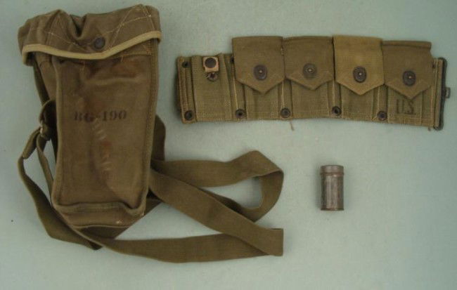 WWII LOT 3 BIG OD CANVAS BAG, STRAP BG190, AMMO POUCH,: THREE PC WWII LOT-INCL. LARGE OD CANVAS BAG & STRAP MARKED BG190 (SIGNAL CORPS-FOR RADIO CRYSTALS) + US AMMO POUCH + ANTI-DIM CLOTH IN CANNISTER FOR GASMASK