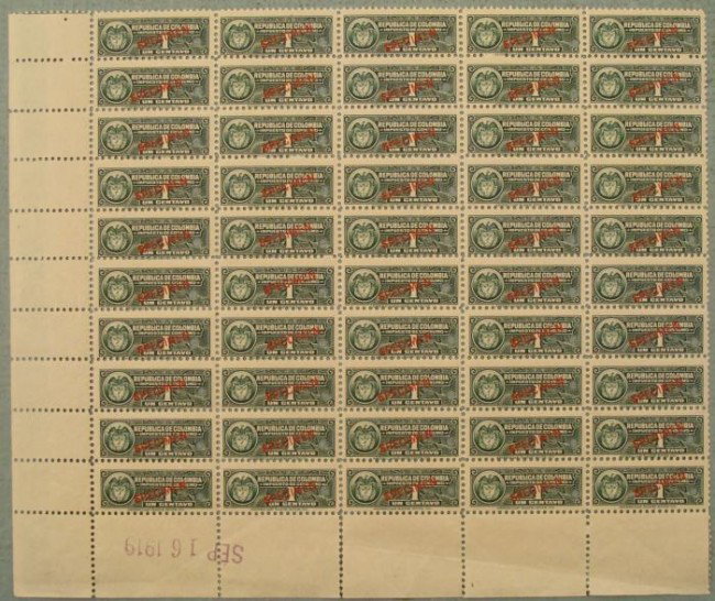 50 Colombia Specimen Revenue Stamps Plate Blocks 1 Cent: Here is a plate block of (50) small size 1 Centavo Revenue Stamps from Republic De Colombia, marked "IMPUESTO DE CONSUMO." Each has a red "SPECIMEN" overprint and security punch. They are marked "Amer