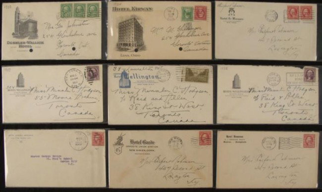 9 Hotel Envelopes w/ Stamps Wellington, Kirwan, Donvan: These 9 envelopes are from hotels, and some have nice images of the buildings. They include Hotel Kirwan, Lima, Ohio, Hotel Garde, New Haven Connecticut, and Hotel Wellington, New York. There are a va
