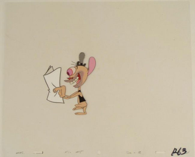 Reading Original Ren And Stimpy Newspaper Cel Animation: This is an original production animation cel from the Nickelodeon TV show Ren & Stimpy. The show follows two characters - Ren, a crazy Chihuahua - and - Stimpy, an incredibly stupid