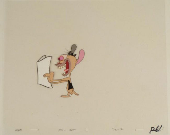 Newspaper Original Animation Art Cel Ren And Stimpy: This is an original production animation cel from the Nickelodeon TV show Ren & Stimpy. The show follows two characters - Ren, a crazy Chihuahua - and - Stimpy, an incredibly stupid