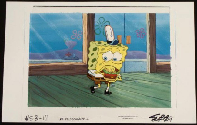 Get Caught Spongebob Original Cel Animation Background: This animation cel and reproduction background are from the Nickelodeon TV show SpongeBob Squarepants. The story takes place under the deep blue sea in Bikini Bottom, where Sponge
